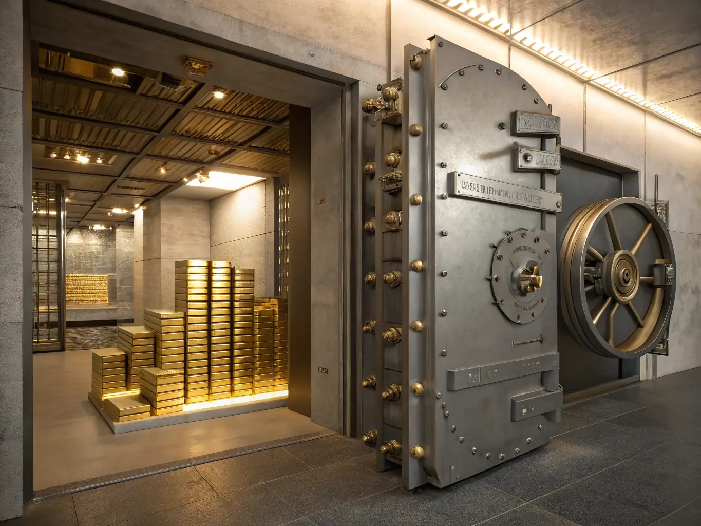 A well-lit, high-security gold storage facility with gold bars visible, emphasizing the security of assets.