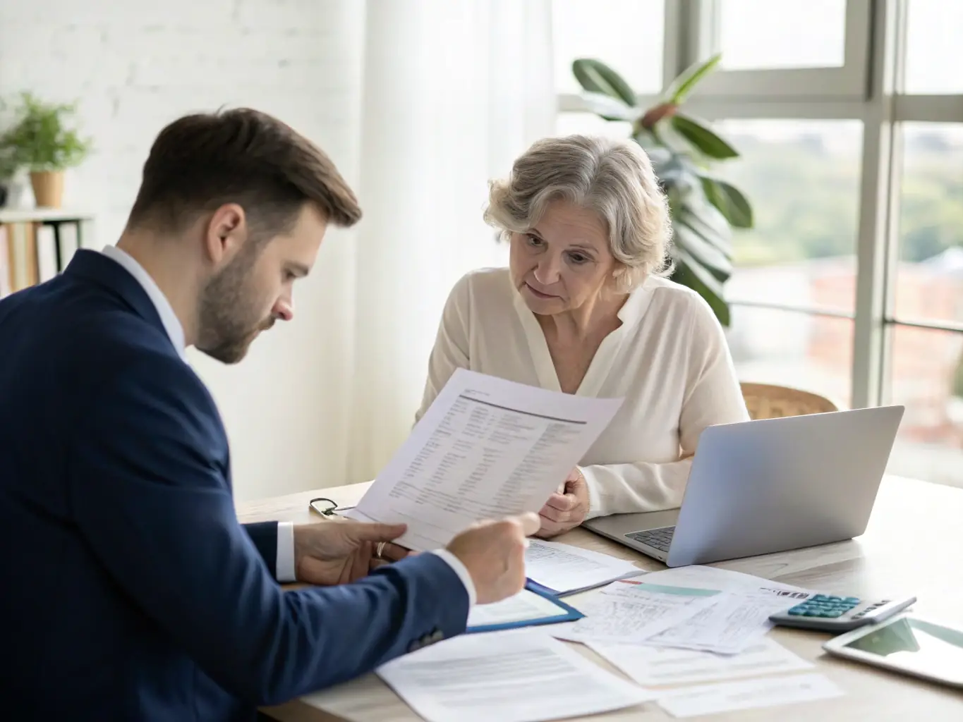 A consultant sitting at a desk, reviewing gold IRA investment options with a client in a well-lit office, emphasizing expert financial guidance.