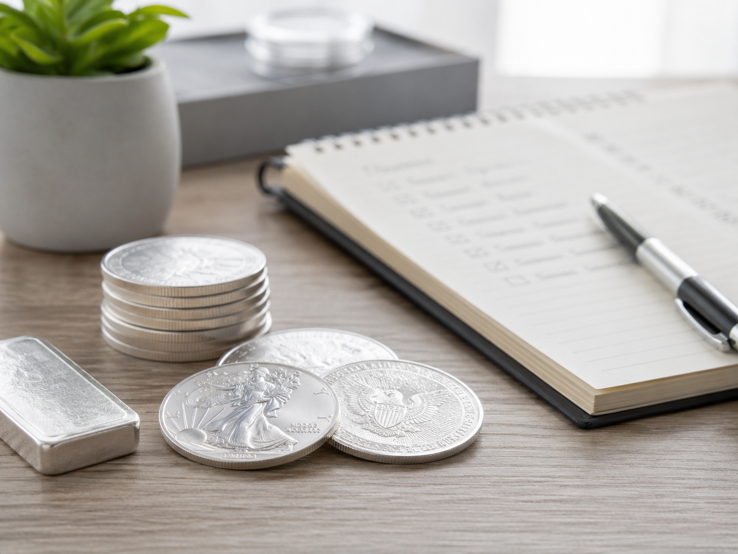 Silver coins, notebook, and pen on a desk for learning how to buy silver safely