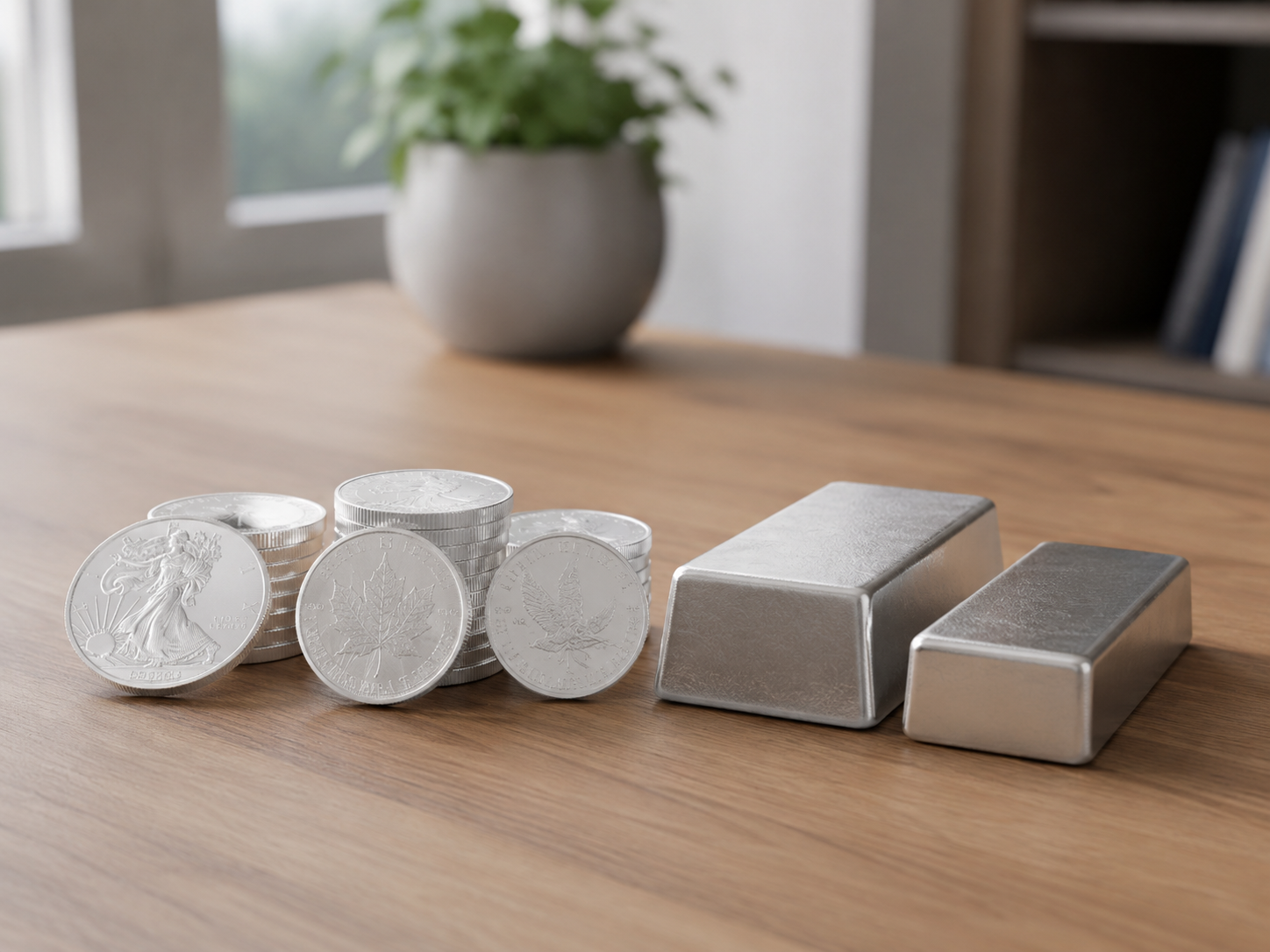 Silver coins and silver bars on a desk for comparing investment options