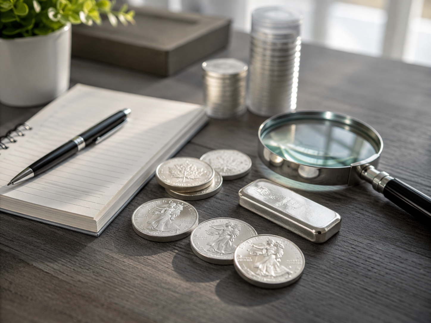 Silver coins, silver bar, magnifying glass, and notebook for a beginner silver starter plan