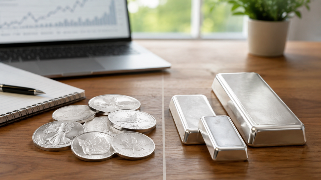 Silver coins and silver bars on a desk for comparing investment options